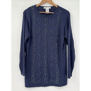 Vtg Victoria Jones Sweater Blue S Dainty‎ Ditzy Floral Beaded Grannie Cottage